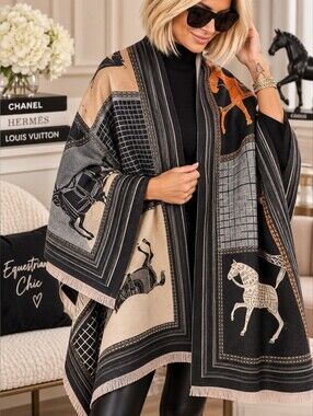 NEW Equestrian Horse Print Oversized Wrap Shawl Poncho Fringe Edge Black Orange